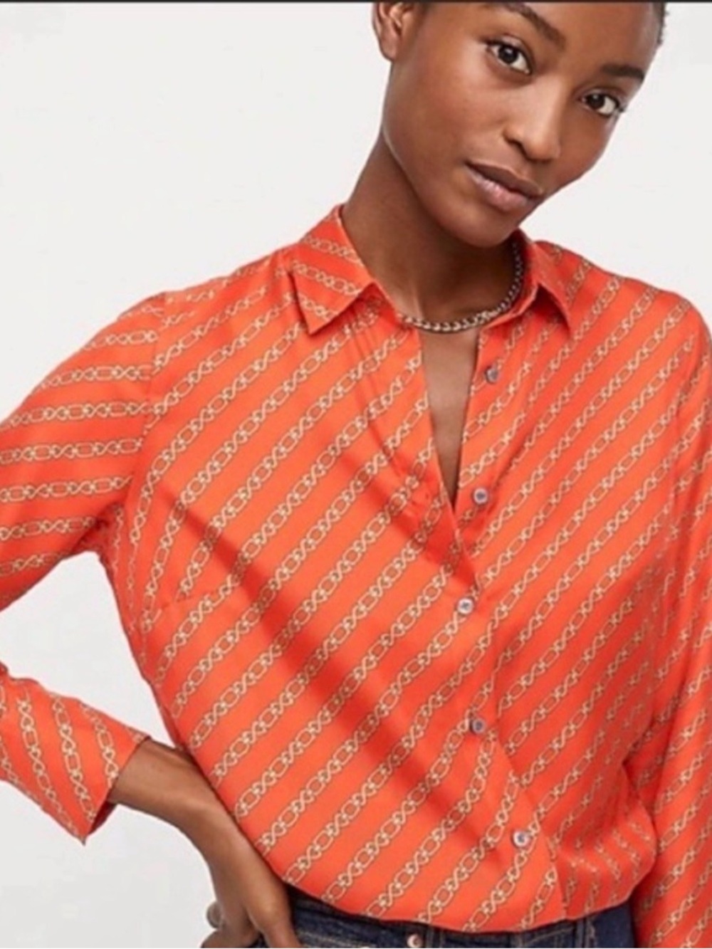 J. Crew Collection Silk Chain-Print Blouse in Vibrant (Deep) Orange, Size 2